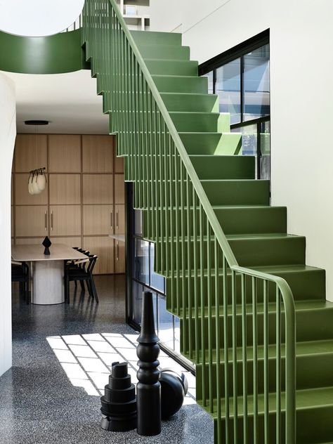 statement staircase ideas//green staircase Green Painted Walls, Weatherboard House, Passive Solar Design, Solar Design, Edwardian House, Internal Courtyard, Stair Case, Ad Magazine, Melbourne House