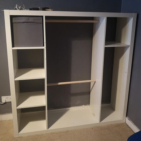 Kallax Diy Wardrobe, Kallax Unit Wardrobe, Diy Small Wardrobe, Kallax As Wardrobe, Diy Built In Wardrobe Ideas Ikea Hacks, Ikea Wardrobe Hack Kids, Ikea Kallax Closet Ideas, Kallax Kids Wardrobe, Childrens Wardrobe Ideas