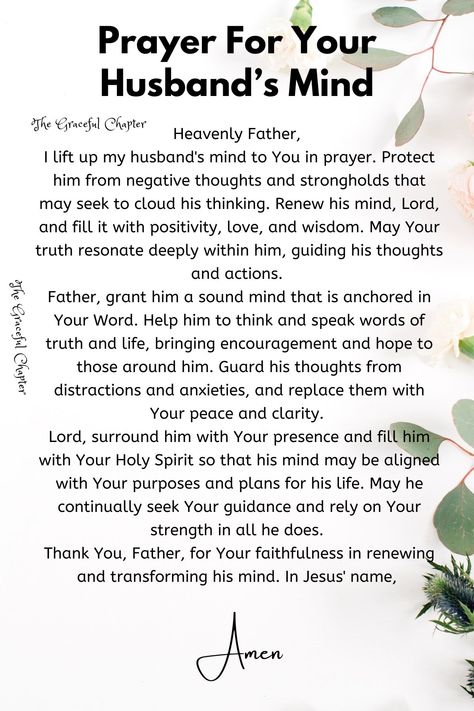 Prayer for your husband’s mind How To Pray For My Husband, Prayers Over My Husband, Prayer For Husband's Salvation, Powerful Prayers For My Husband, Prayers For Unbelieving Husband, Prayers For Angry Husband, Scripture For Husband Encouragement, Prayers For Your Marriage, Prayers For Blessing A Home