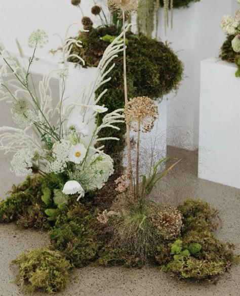 Flower Arrangements With Moss, Japandi Wedding Decor, Bush Wedding Decor, Modern Chuppah Wedding, Moss Floral Installation, Ground Wedding Flowers, Moss Floral Arrangements, Moss Tablescape, Japandi Wedding