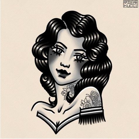 Traditional Women Tattoo, American Traditional Woman Tattoo, American Traditional Portrait, American Traditional Lady Head, Traditional Tattoo Face, Traditional Woman Tattoo, Traditional Tattoo Woman Face, Traditional Tattoo Pin Up, Traditional Tattoo Woman