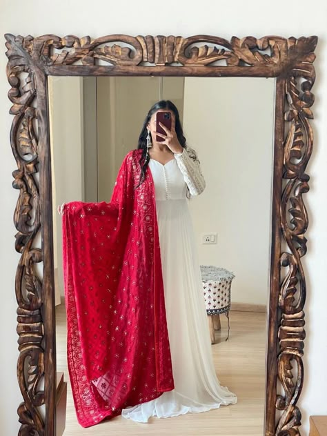 "Beautiful 2 Piece Lucknowi Georgette Embrodiey Fancy anarkali KurtaKurti For Women,Kurta/Kurti With Dupatta set, ethnic dress, wedding dress Beautiful White Emb Anarkali with Red Dupptta♥️🤍✨ Featuring Solid  Georgette Anarkali Dress With All Over Embroidery  Dupatta  combination of threads and sequence is just so soothing ✨! This Is Made For Simple Dressing With Subtle Detailing! Hurry, Get Yours Now! The Dress Has done details All-Around  And the dupptta With Those artistic thread work😍 ❤️🤍 ➡Fabric: Georgette ➡ Fabric: For Dupptta Georgette ✨ ➡Complete Linning ➡Flare:- 3.5mrts ➡Sizes: M-38 L-40 XL-42 XXL-44 ➡Length: 52\"\" ➡ Slevees Length 21 \"+ ➡Color: Red n white 🤍 ♥️🕊️✨ Shipping - We use globally known Logistics for best services like Fed-Ex, DHL, Aramex, UPS. It usually takes a Georgette Anarkali Dress, White Anarkali Dress, White Anarkali Suits, Red Dupatta, Red Anarkali, White Anarkali, Embroidery Dupatta, All Over Embroidery, Combination Dresses