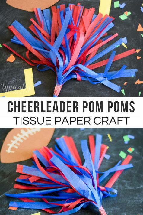 Tissue paper crafts are great for practicing scissors skills, plus it is such an inexpensive craft supply that can be used for so many craft projects. The kids can show their spirit by making these simple tissue paper cheerleader pom poms in their favorite team colors! #football #craftsforkids #tissuepapercrafts #kidspiration #simplecrafts #teamspirit #typicallysimple Sport Themed Crafts, Scissors Skills, Craft Storage Cart, Olympic Crafts, Tissue Paper Craft, Football Crafts, Tissue Paper Crafts, Arts And Crafts Storage, Arts And Crafts For Teens