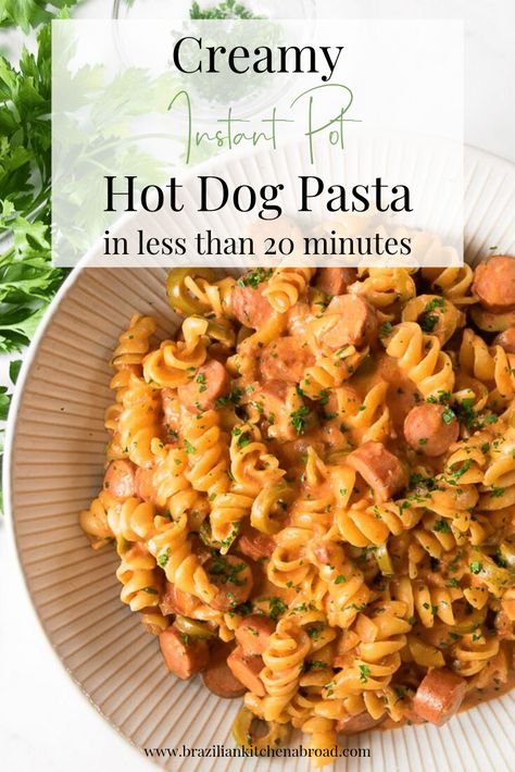 This epic hot dog pasta recipe is my all time childhood favorite. It sure isn't fancy, but, it's on the table in about 20 minutes, it's made with simple, everyday ingredients, and it's creamy and sinfully delicious. It's the perfect lazy dinner, made in the Instant Pot, sure to become your familia's hectic week go-to dinner! #hotdogrecipes #instantpotrecipe #brazilianrecipe Hot Dog Instant Pot, Lil Smokies Pasta, Hot Dog Crock Pot Recipes, Wiener Recipes Meals, Pasta And Hot Dog Recipes, Hot Dog Dinner Recipes, Hot Dog Stir Fry Recipes, Hot Dog And Rice Recipes, Hot Dogs And Noodles