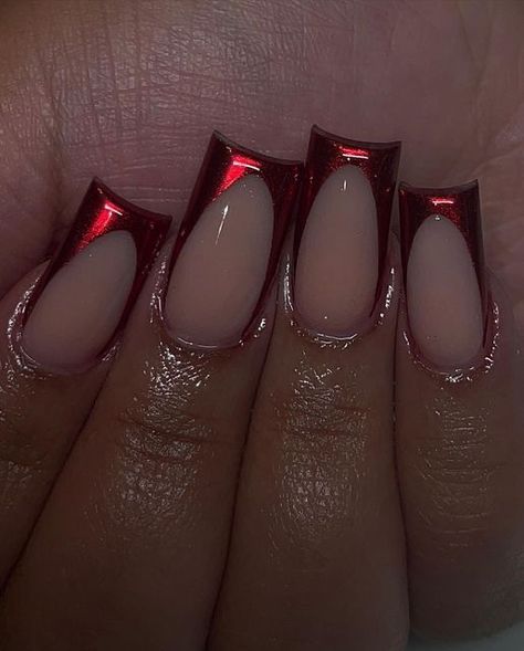 Christmas Nails Square Simple, Dark Red Nails For Prom, Red Nails Prom Short, Dark Red Acrylic Nails Designs Ideas, Red Nail Designs With Initial, Dark Red Chrome French Tip Nails, Red French Tip Nails With Chrome, Red Deep French Tip Nails, Red Glitter French Tip Nails Short