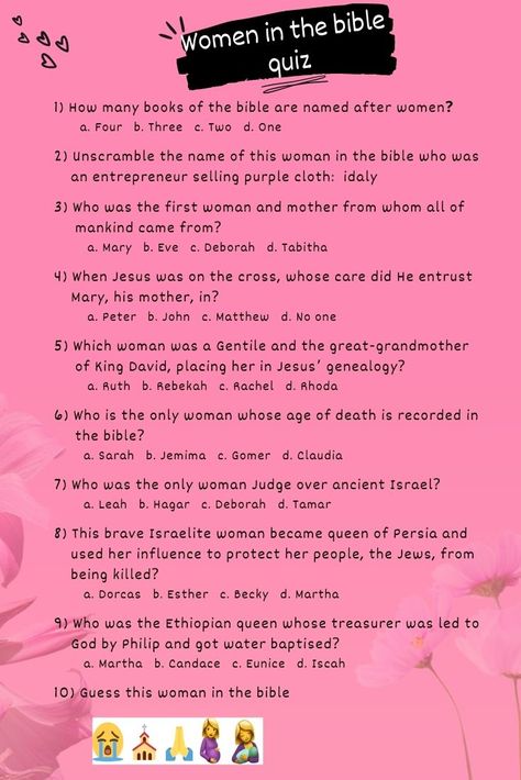 Women in the bible quiz. Bible trivia quiz on women of the bible. Questions and answers about women in the bible. 

Bible quiz questions on women in the bible. Ideal for icebreakers and team bonding. Quiz for kids, youth, adults and all. Kids and youth bible quiz questions and answers. Excellent women's bible study quizzes and answers.

Enjoy more women of the bible questions and answers on Bliss Quizzes' YouTube channel and website - blissquizzes.com

#womeninthebible #biblequiz #bibletrivia Women Of The Bible Trivia Questions, Womens Trivia Questions, Jw Bible Jeopardy Questions, Womens Bible Study Games, Games For Ladies Bible Study, Women’s Fellowship Games, Ladies Bible Study Games, Bible Study Games For Women, Bible Study Ice Breakers For Women