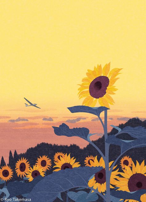 Ryo Takemasa, Sunflower Illustration, Cover Illustration, Sunflower Wallpaper, Sunflower Art, Book Art Diy, Love Illustration, Landscape Illustration, Anime Scenery Wallpaper