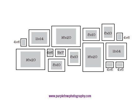 The lay out for hall gallery wall! (I think!)...the lower right 16x20 as a bible scripture quote, 11x14 at top left as bible quote too (blessed art thou when thy goest out and blessed art thou when thy comest in), lower landscape hanging 8x10 with bens 1st rose in, tiny 4x6 frames with photos of us and family, remaining 16x20 could possibly be the yarn art 'm' & 'b'...all personalised and sentimental. Work on it! Picture Wall Layout, Photo Gallery Wall Layout, Photo Wall Layout, Picture Frame Arrangements, Gallery Wall Template, Frame Arrangement, Photowall Ideas, Wall Layout, Photo Wall Display