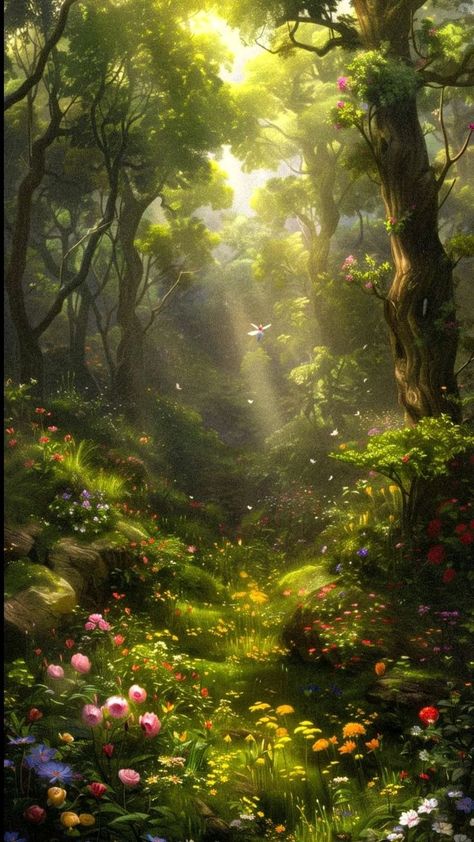 Fantasy Nature Painting, Dream Forest Aesthetic, Forest Aesthetic Flowers, Forest Fairies Aesthetic, Elder Scrolls Scenery, Enchanted Woods Aesthetic, Enchanted Forest Wallpaper Iphone, Whimsical Forest Aesthetic, Nature Fantasy Aesthetic