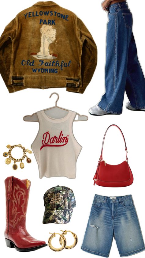 Fall 2024 outfit inspo. Concert style for fall, back to school outfit inspo weekend outfit fall fashion homecoming outfit red cowboy boots outfit bomber jacket rodeo trucker hat Cool Rodeo Outfits, Brown Cowboy Hat Outfit Woman, Cowboy Hat Concert Outfit, Flannel And Cowboy Boots Outfit, Trucker Hat Fall Outfit, Red Trucker Hat Outfit, Cowboy Inspo Outfit, Leon Bridges Concert Outfit, Outfits To Wear With Cowboy Boots