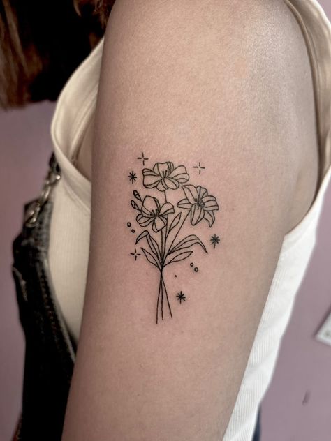 Tattoo Ideas Lily Flower, Simple Floral Tattoo, Gladiolus Poppy, Whimsy Tattoo, Month Tattoos, Lily Flower Tattoo, August Birth Month, Whimsical Tattoo, Flower Arm Tattoo