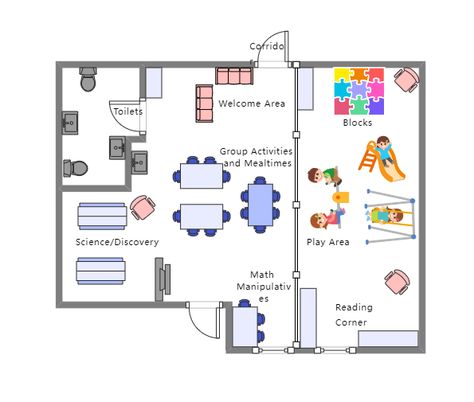 Infant Classroom Layout Childcare Floor Plans, Daycare Floor Plans Layout Day Care, Nurture Classroom Layout, Daycare Center Layout Floor Plans, Mixed Age Classroom Setup, Kindergarten Layout Plan, Nursery School Floor Plan, Preschool Classroom Layout Floor Plans, Small Daycare Floor Plans