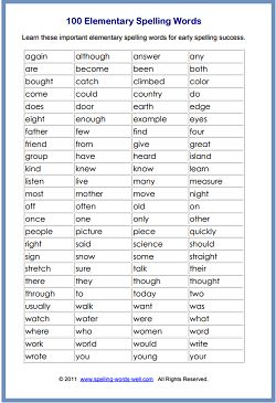 Here's a printable list of 100 Elementary Spelling Words that are often confusing or misspelled. Help your students master these words today! Dictation Words Grade 3, Spelling Words For 5th Grade Student, 3rd Grade Spelling Words List Free Printable, Grade 4 Spelling Words, 4th Grade Spelling Words List, Dictation Words, Fifth Grade Spelling Words, 4th Grade Spelling Words, 5th Grade Spelling Words