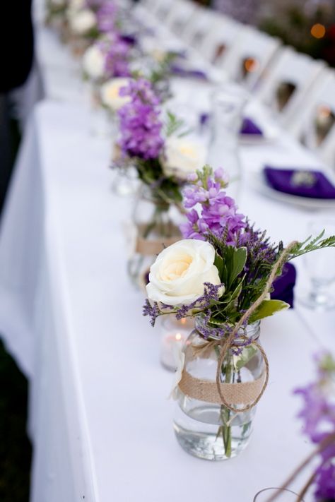 Rustic Purple Wedding, Purple Mason Jars, Purple Decor, Rustic Wedding Centerpieces, Mason Jar Centerpieces, Table Inspiration, Long Table, Lavender Wedding, Wedding Table Centerpieces