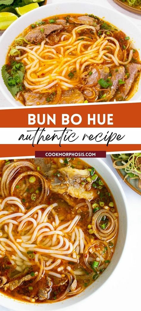 Many people around the world love this Vietnamese authentic Bun Bo Hue. This spicy beef noodle soup and its plating are somewhat sophisticated, but it's all worth your time. You'll love the unique flavor of … Bun Noodles Vietnamese Food, Food Recipes Vietnamese, Spicy Pho Recipe Authentic, Vietnamese Noodle Soup Recipes, Vietnamese Beef Noodle Soup, Bun Bo Hue Recipe Vietnam, Spicy Asian Recipes, Cambodian Noodle Soup, Korean Beef Noodle Soup