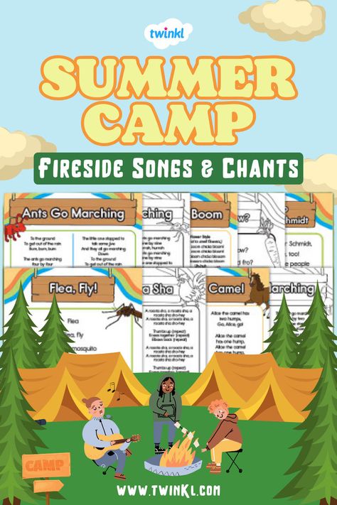 Summer Camp Fireside Songs and Chants Camp Chants For Kids, Camping Songs For Kids, Campfire Songs For Kids, Squirrel Scouts, Summer Break Activities, Excited For Summer, Campfire Songs, Camp Songs, Summer Reading Program