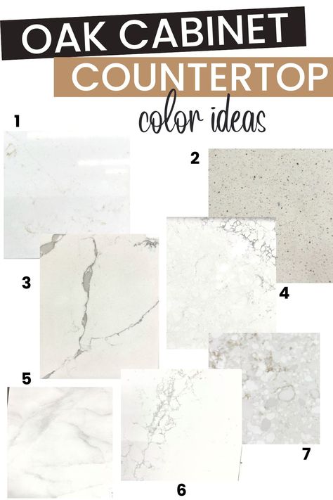 Countertop Color Ideas To Go With Oak Cabinets - The DIY Nuts Oak Kitchen Countertop Ideas, Oak Cabinets Countertop Ideas, Countertop Ideas For Wood Cabinets, Kitchen Oak Cabinets White Countertops, Best Countertops For Oak Cabinets, Kitchen Backsplash With White Oak Cabinets, Quartz Countertop With Oak Cabinets, Best Quartz Countertops For Oak Cabinets, Quartz With Oak Cabinets