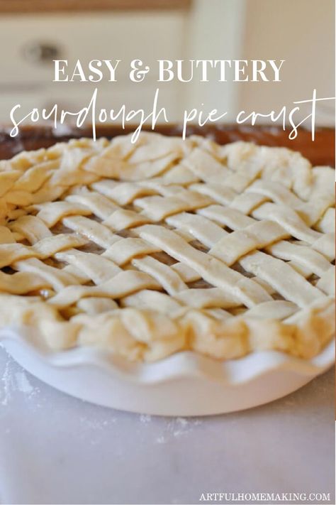 a sourdough pie crust in a white pie dish sitting on a kitchen counter Pie Crust With Sour Cream, Quick Sourdough Discard Pie Crust, Discard Pie Crust, Sourdough Discard Pie Crust Recipe, Sourdough Discard Pie Crust, Sourdough Pie Crust, Sourdough Pie Crust Recipe, Mixed Berry Pie, Pie Crust Uses