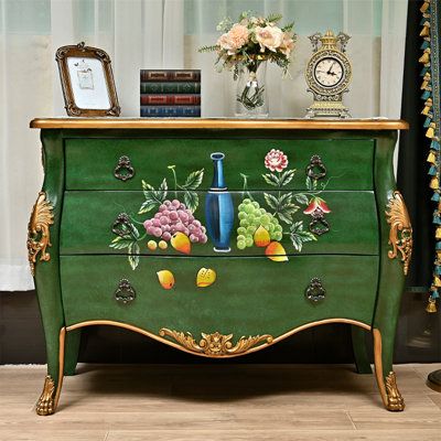 Dense wood, hard and strong, with a glossy surface, wear and damage resistance, not easy to crack deformation Color: Green | LORENZO Solid Wood Accent Chest in Green | 29.92 H x 38.58 W x 15.75 D in | Wayfair Antique Dresser Redo, Green Bookshelves, Painted Wood Chest, Dream Cabinet, Porch Cabinet, Green Dresser, Dresser Redo, Cabinet Vintage, Whimsical Furniture