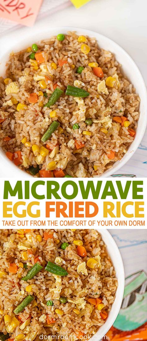 Gluten Free Dorm Recipes, College Dorm Cooking Recipes, Microwave Asian Recipes, Microwave Fried Rice, Vegetarian Microwave Meals, Savory Microwave Recipes, Microwave Healthy Meals, College Microwave Meals, Low Calorie Microwave Meals