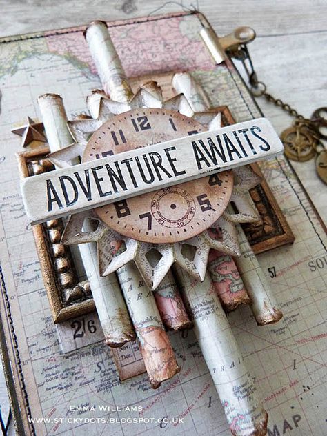 That's Life: Adventure Awaits...Tim Holtz Rosette set Thinlits Project Pages Ideas, Scrapbook Covers, Creative Travel Journal, Travel Journal Ideas, Adventure Crafts, Watkins Glen State Park, Creative School Project Ideas, Scrapbook Cover, Life Adventure