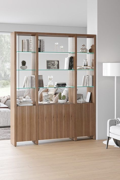 Linea Expandable Narrow Bookshelf With Glass Shelves | BDI Furniture Bdi Furniture, Narrow Bookshelf, Walnut Bookcase, Shelf System, Tempered Glass Shelves, Modular Shelving, Natural Walnut, Wall Systems, Soft Close Doors