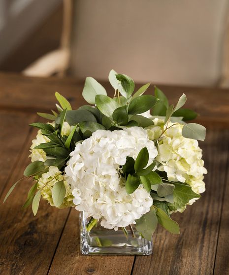 table centerpiece  mdd Carithers Hydrangea & Foliage Event Centerpieces turn any gathering into a party!  Our Hydrangea cubes featuring southern full-bloom hydrangea with seasonal foliage and eucalyptus. Small Flower Arrangements With Eucalyptus, Hydrangea Table Decorations, Fake Flower Table Centerpieces, Low Profile Floral Centerpieces, Cost Effective Centerpieces, Flower Centerpieces Round Tables, Simple Elegant Floral Centerpieces, Modern Centerpiece Ideas, Hydrangea Centre Pieces