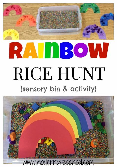 ACTIVITY: Rainbow Rice Hunt! Colored Rice Sensory Bin, Modern Preschool, Rainbow Preschool, Preschool Rainbow, Rice Sensory Bin, Preschool Sensory, Preschool Weather, March Themes, Rainbow Activities