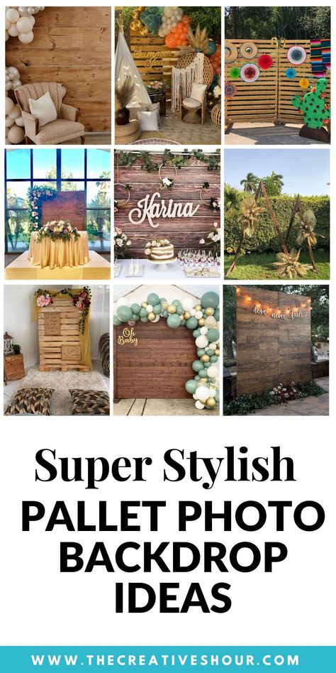 Elevate your holiday and spring events with a DIY pallet photo backdrop. This post walks you through creating a festive or serene scene using a wooden pallet as the base. Whether you're planning a Christmas gala with twinkling lights and winter blooms or a spring soiree adorned with fresh flowers and balmy tropical accents, our tips will help you design the perfect setting. Also, get creative ideas for incorporating graduation DIY elements or making your wedding day extra special. Wood Fence Backdrop, Pallet Picture Backdrop Graduation, Creating A Photo Backdrop, Pallet Decoration Ideas Party, Photo Back Drop For Graduation Party, Graduation Pallet Backdrop, Grad Party Pallet Backdrop, Brunch Backdrop Ideas, Wood Pallet Photo Backdrop