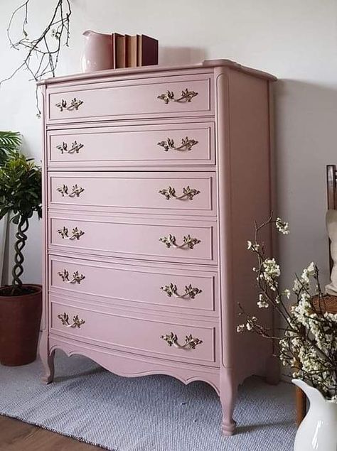 Pink Chest Of Drawers, Refinished Dresser Diy, Pink Painted Furniture, Pink Nightstands, Pink Drawers, Pink Office Decor, Pink Dresser, Pink Closet, Provincial Furniture