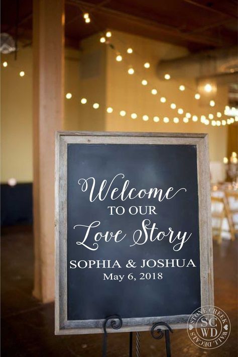 "Vinyl Wall Decal: \"Welcome to our Love Story\" Decal with Personalized names and date *Please Note* Purchase price is for decal only! Chalkboard NOT included!* Vinyl lettering wall decals are a popular choice for adding a personalized touch to a wedding, wedding reception, or party. These decals are made of vinyl material and are cut into letters or shapes that can be applied to a wall or other flat surface, such as; chalkboards, acrylic, mirrors, glass, tiles, and more. They can be customized Welcome To Our Love Story, Wedding Decals, Diy Decals, Story Wedding, Our Love Story, Love Story Wedding, Custom Wedding Signs, Breathe Easy, Wedding Diy