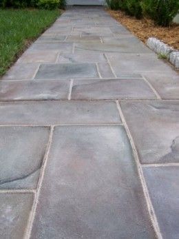 jj - this one looks easy - we may have to check on the availability of outdoor folkart paint. Slate Walkway, Diy Concrete Patio, Paint Concrete Patio, Diy Driveway, Stain Concrete, Patio Ideas On A Budget, Easy Patio, Backyard Walkway, Concrete Patios