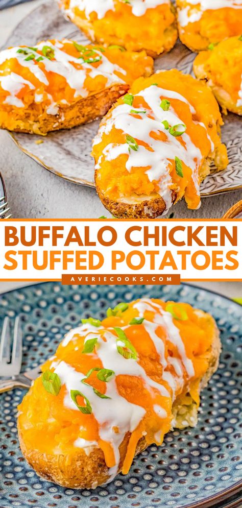 Get ready for these stuffed potatoes! They're a crowd-pleasing appetizer recipe. Chock full of shredded buffalo chicken, cheeses, and more, these baked potatoes are such a good game day food idea. Put them on your football party menu! Chicken Stuffed Potatoes, Chicken Cheddar, Shredded Buffalo Chicken, Stuffed Potatoes, Herb Roasted Potatoes, Chicken Baked, Baked Potato Casserole, Buffalo Chicken Wings, Chicken Stuffed