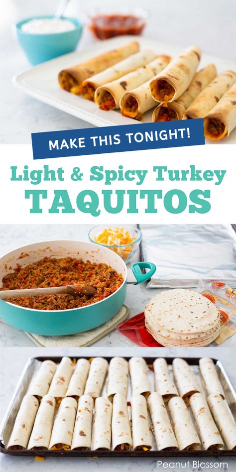 Easy baked turkey taquitos are a crispy way to enjoy tacos you can nibble. Spiced ground turkey is rolled up in a flour tortilla with cheese and then baked. Serve it with a simple side dish for a busy weeknight dinner your kids will love. Ground Turkey Taquitos Baked, Taquitos Ground Turkey, Ground Turkey And Tortilla Recipes, Flour Taquitos Baked, Ground Turkey Taco Recipes For Dinner, Ground Turkey Taquitos, Ground Turkey Recipes For Kids, Ground Turkey Lunch, Ground Turkey Tortilla