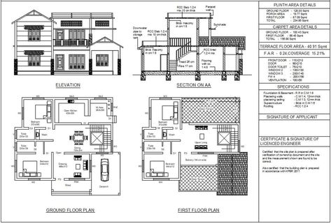 Residential building with detailed plan section elevation specifications with plinth area carpet area floor area with in the A3 plot. CARPET AREA DETAILS: GROUND FLOOR - 100.43 Sqmt FIRST FLOOR - 56.45 Sqmt TOTAL - 156.88 Sqmt SPECIFICATIONS: Foundation & Basement - R.R in C.M 1:8 Plastering walls - C.M 1:4, 12mm thick Plastering ceiling - C.M 1:3, 12mm thick Super Side Part Short Hairstyles, Plastering Walls, Small House Design Floor Plan, Section Elevation, Residential Building Plan, Building Design Plan, 2bhk House Plan, Indian House Plans, Residential Building Design