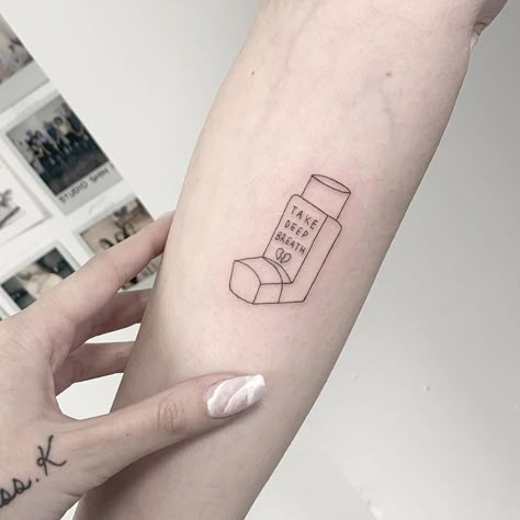 Asthma inhaler tattoo by Sara Kori Your City Gave Me Asthma Tattoo, Respiratory Tattoo Ideas, Asthma Tattoo Ideas, Asthma Tattoo, Medicine Tattoo Ideas, Inhaler Tattoo, Asthma Spray, Cactus Tattoos, Tattoo Trash