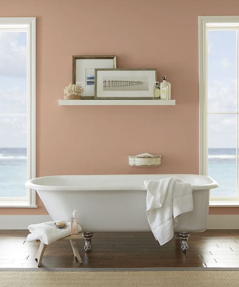 Behr Rosewater Bedroom, Castillian Pink Behr, Art Deco Pink Behr, Behr Peach Paint Colors, Sedona Pink Behr, Castilian Pink Behr, Retro Pink Behr Paint, Behr Retro Pink, Pink Bathroom Paint