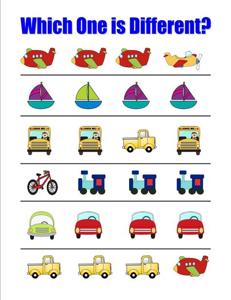 This page contains printable same and different practice sheets for pre-school and kindergarten kids on recognizing same sizes, identifying same objects, differentiating objects, odd one out, and more. You can also print some of these worksheets for free. Print out these free worksheets to help your kids learn the concepts of “same” and “different”.  Exercises cover the same and different objects, shapes, and words.  All worksheets are printable. Make learning for your pr Transportation Activities For Preschoolers, Transportation Preschool Activities, Transportation Theme Preschool, Transportation Worksheet, Transportation Unit, Transportation For Kids, Transportation Activities, Transportation Crafts, Sport Videos