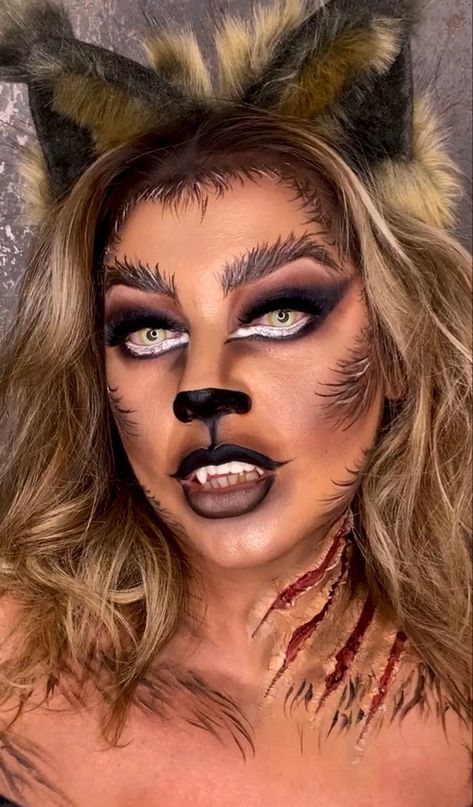 Hot Werewolf Costume, Wolf Man Makeup, Wear Wolf Makeup, Womens Werewolf Costume, Wearwolf Makeup Woman Halloween, Werewolf Woman Costume, Wolf Face Makeup, Skunk Makeup Halloween, Wolf Halloween Costume Women