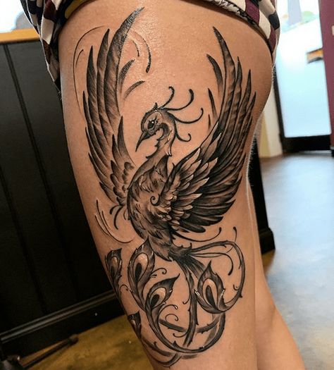 Renewal, Rebirth, Restart - Phoenix Tattoo Guide for 2021 - Tattoo Stylist Phoenix Back Tattoo, Tato Phoenix, Side Tattoos Women, Phoenix Tattoo Feminine, Tato Paha, Phoenix Bird Tattoos, Hip Thigh Tattoos, Herz Tattoo, Phoenix Tattoo Design