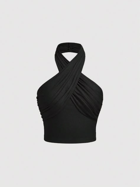 Black Casual,Sexy Collar  Knitted Fabric Plain Halter Embellished Medium Stretch  Women Clothing Leta Lestrange, Tops With Jeans, Full Sleeve Crop Top, Crop Tops For Women, Tops Style, Plus Size Tank Tops, Black Halter, Halter Neck Top, Tank Top Cami