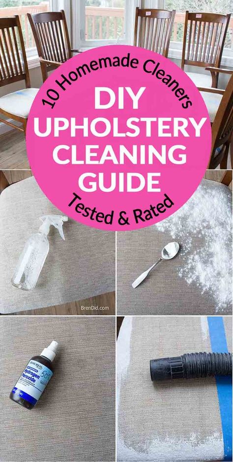 Need to clean your home or car upholstery? I tested 10 homemade upholstery cleaner tutorials to find the best solution. The winning mix is an all-natural cleaner that works well and removes upholstery stains with only 3 simple ingredients. Plus I’ll reveal the best dry upholstery cleaner and best upholstery stain remover. #upholsterycleaner #upholstery #carupholstery #fabriccleaner #naturalcleaner #greencleaning #nontoxiccleaning #bestupholsterycleaner #brendid Best Upholstery Cleaner, Homemade Upholstery Cleaner, Diy Upholstery Cleaner, Diy Upholstery, All Natural Cleaners, Deep Cleaning Hacks, Casa Clean, Cleaning Painted Walls, Cleaning Guide