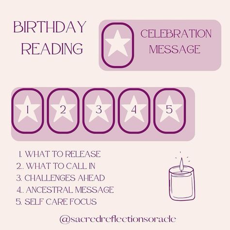 🌟✨ Birthday Oracle Card Spread ✨🌟 🎉 It’s time to celebrate YOU! 🎉 Whether it’s your birthday week, day, or month, take a moment to honor yourself with a special birthday reading. Light a candle, make a wish, and dive into this sacred space just for you. ✨ 🔮 Here’s your recommended spread layout: Celebration Card: Reflect on what you should be celebrating or what blessings are coming your way. 1️⃣ What to Release: Let go of any energies or situations that no longer serve your highest goo... Birthday Tarot Reading, January Tarot Spread, Birthday Tarot Card Spread, Birthday Tarot Spread, Oracle Card Spreads Layout, Birthday Spread, Tarot Guidance, Oracle Spreads, Tarot Card Layouts