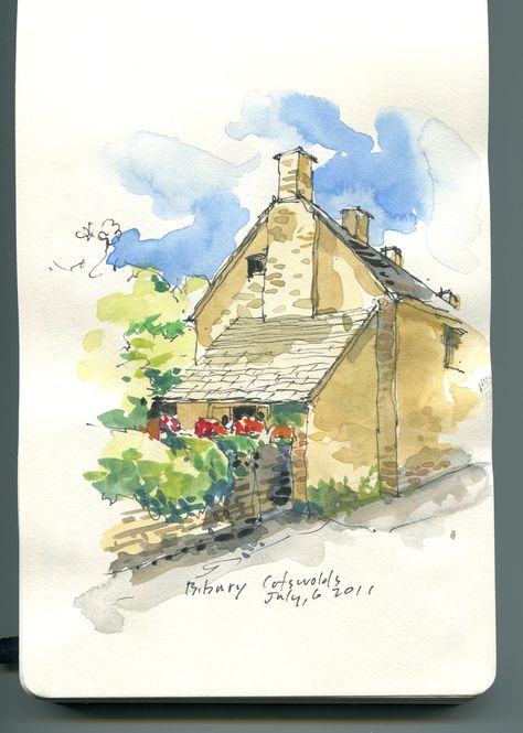 Bibury Cottages Cottage Illustration, Family Portrait Drawing, Cotswolds Cottage, Pen And Wash, Watercolor Beginner, Watercolor Architecture, Architecture Drawing Art, Watercolor Mountains, Country Side