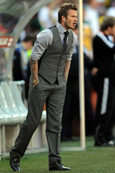 . Beckham Suit, David Beckham Suit, David Beckham Style, Formal Men Outfit, Formal Mens Fashion, Mens Fashion Smart, Hipster Mens Fashion, Sharp Dressed Man, Gray Suit