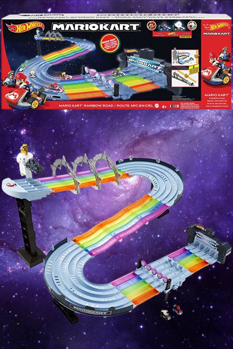 Mario Race Track, Hot Wheels Track Ideas, Mario Kart Race Track, Mario Rainbow Road, Mario Kart Rainbow Road, Environment Moodboard, Rainbow Road Mario Kart, Hot Wheels Race Track, 6th Birthday Cakes