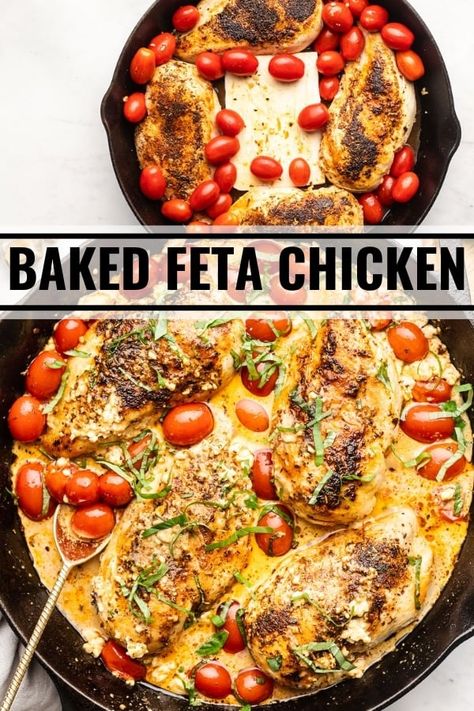 Chicken With Feta And Spinach, Chicken With Feta And Olives, Baked Feta Chicken Recipes, Baked Feta With Chicken, Chicken Recipes With Feta Cheese, Feta Baked Chicken With Sun Dried Tomatoes, Roasted Tomato Chicken Recipes, Easy Baked Meals Dinners, Greek Chicken Feta