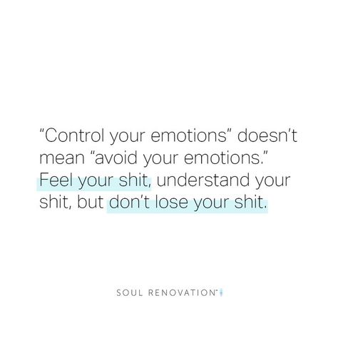 "Control your emotions" doesn't mean "avoid your emotions." Feel your shit, understand your shit, but don't lose your shit. - Soul Renovation - Check out my free checklists for a better life- linked Control Your Feelings Quotes, Control Your Reaction Quotes, Quotes About Controlling Emotions, Don’t Let Anyone Control Your Emotions, Controlling Emotions Quotes, Control Emotions Quotes, Control Your Emotions Quotes, Power Images, Reaction Quotes