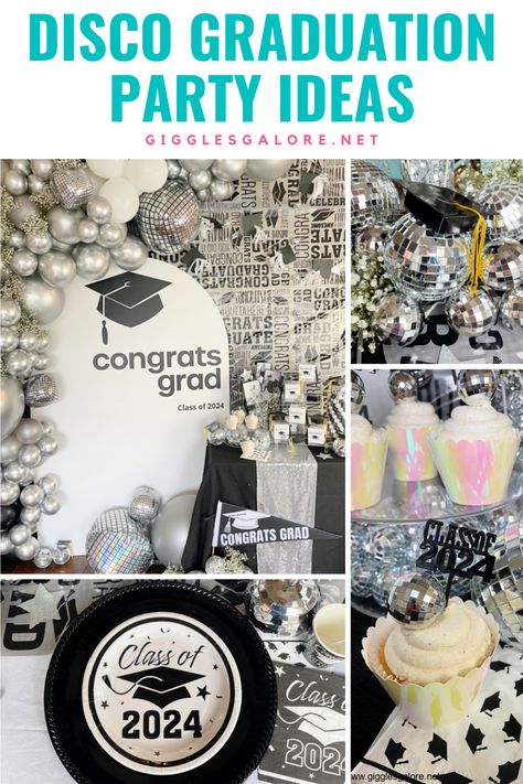 Silver Balloons and Class of Decor. With Text Reading: Disco-Themed Graduation Party Idea. Graduation Party Ideas Disco Ball, Disco Theme Graduation Party, Graduation Party Ideas Disco, Disco Graduation Party Ideas, Disco Ball Graduation Party, Disco Graduation Party, Fun Graduation Party Ideas, Graduation Party Decor Ideas, Grad Party Theme