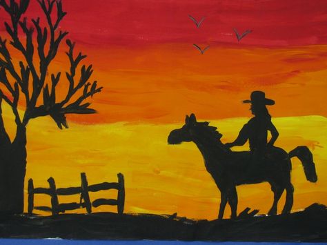 rodeo art ideas | sunset silhouette painting; 12"X18"; art teacher: Susan Joe Rodeo Art Ideas, Western Art Projects, Sunset Silhouette Painting, Pioneer Art, Rodeo Ideas, Western Vbs, Rodeo Art, Classe D'art, Calendar Art